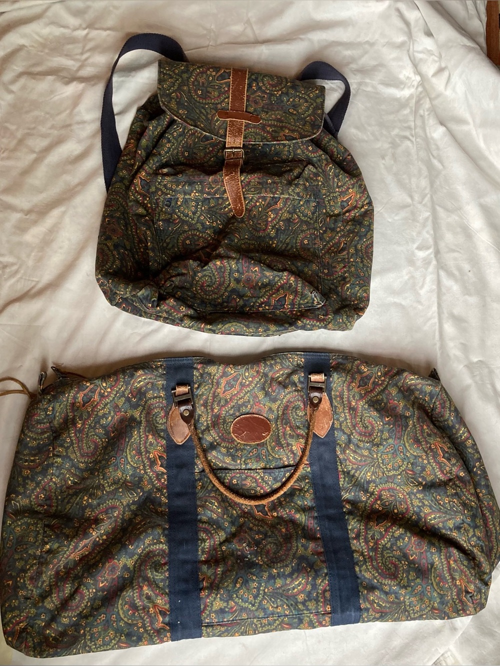 Vintage paisley cotton Gap duffle bag and backpack luggage set